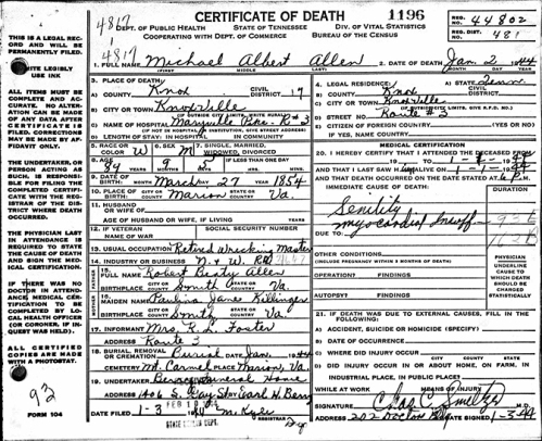 1944 Tennessee death certificate of Michael Albert Allen. He was living with his daughter, Kate Foster, in Knoxville at the time of his death.